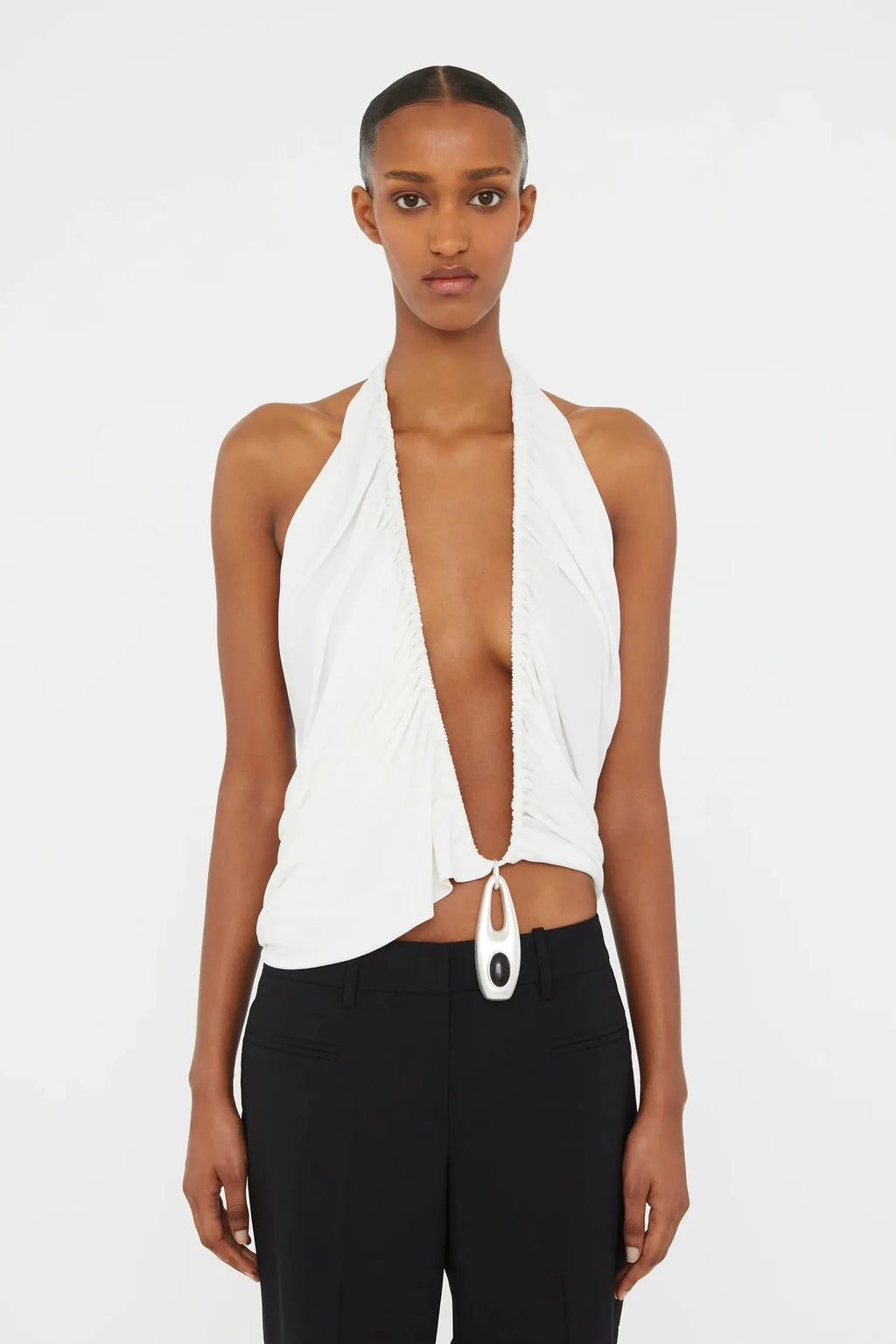 Lavalliere Draped Jersey Halter Top