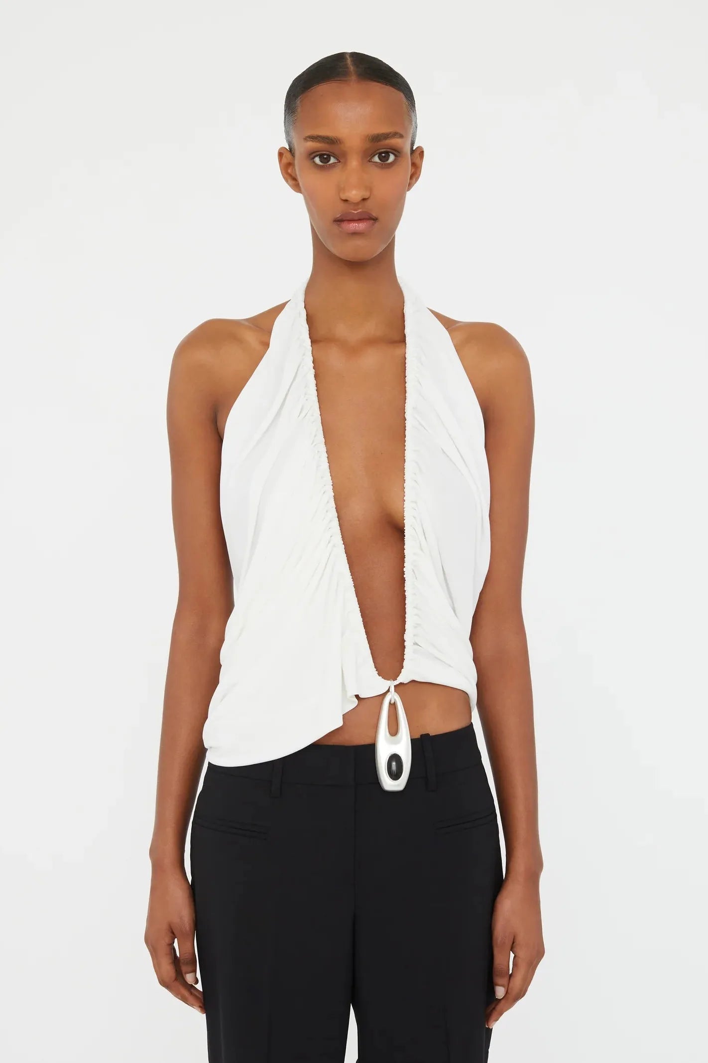 Lavalliere Draped Jersey Halter Top
