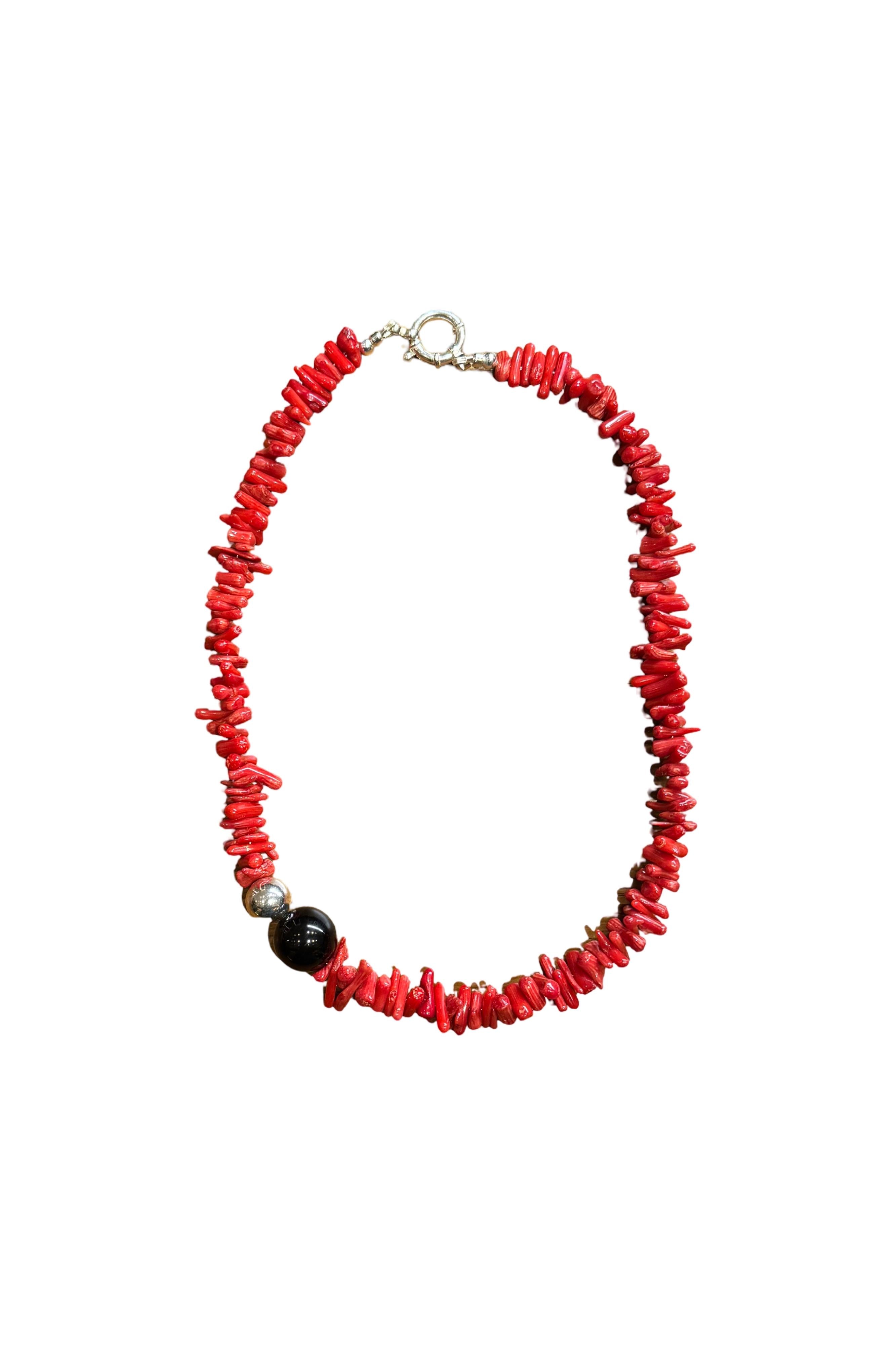 Coral, Black Obsidian, Silver (925) Necklace