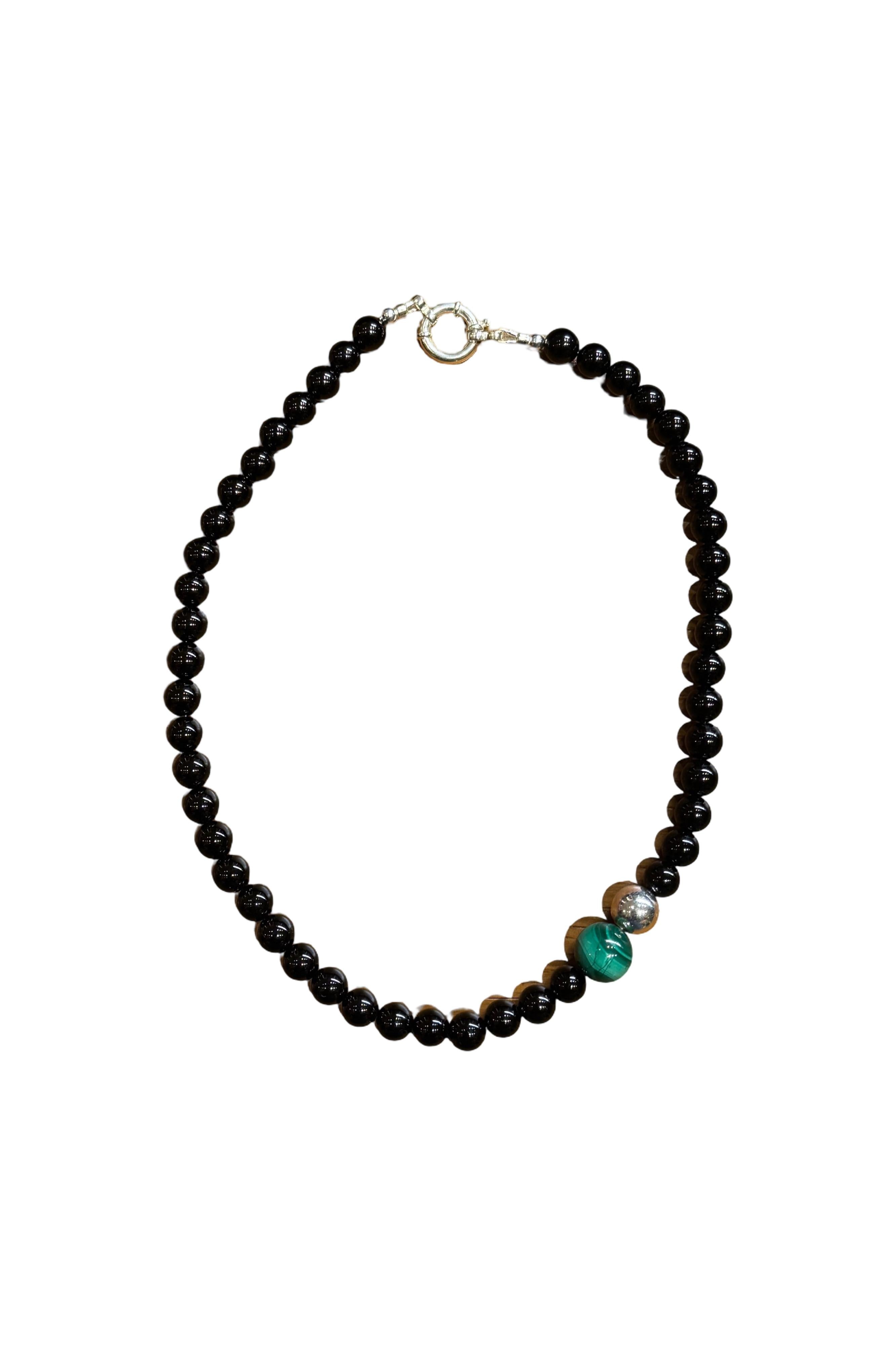 Black Obsidian, Malachite, Silver (925) Necklace