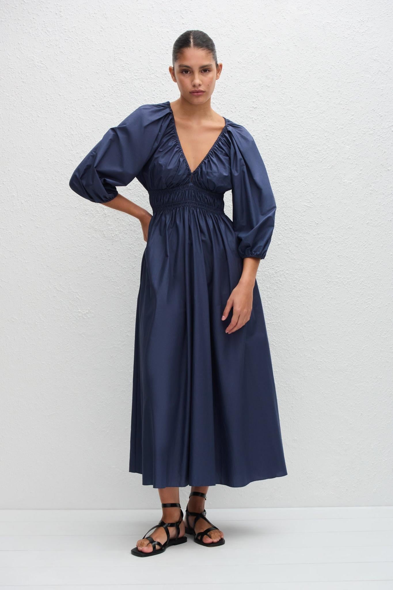 Shirred Plunge Button Dress