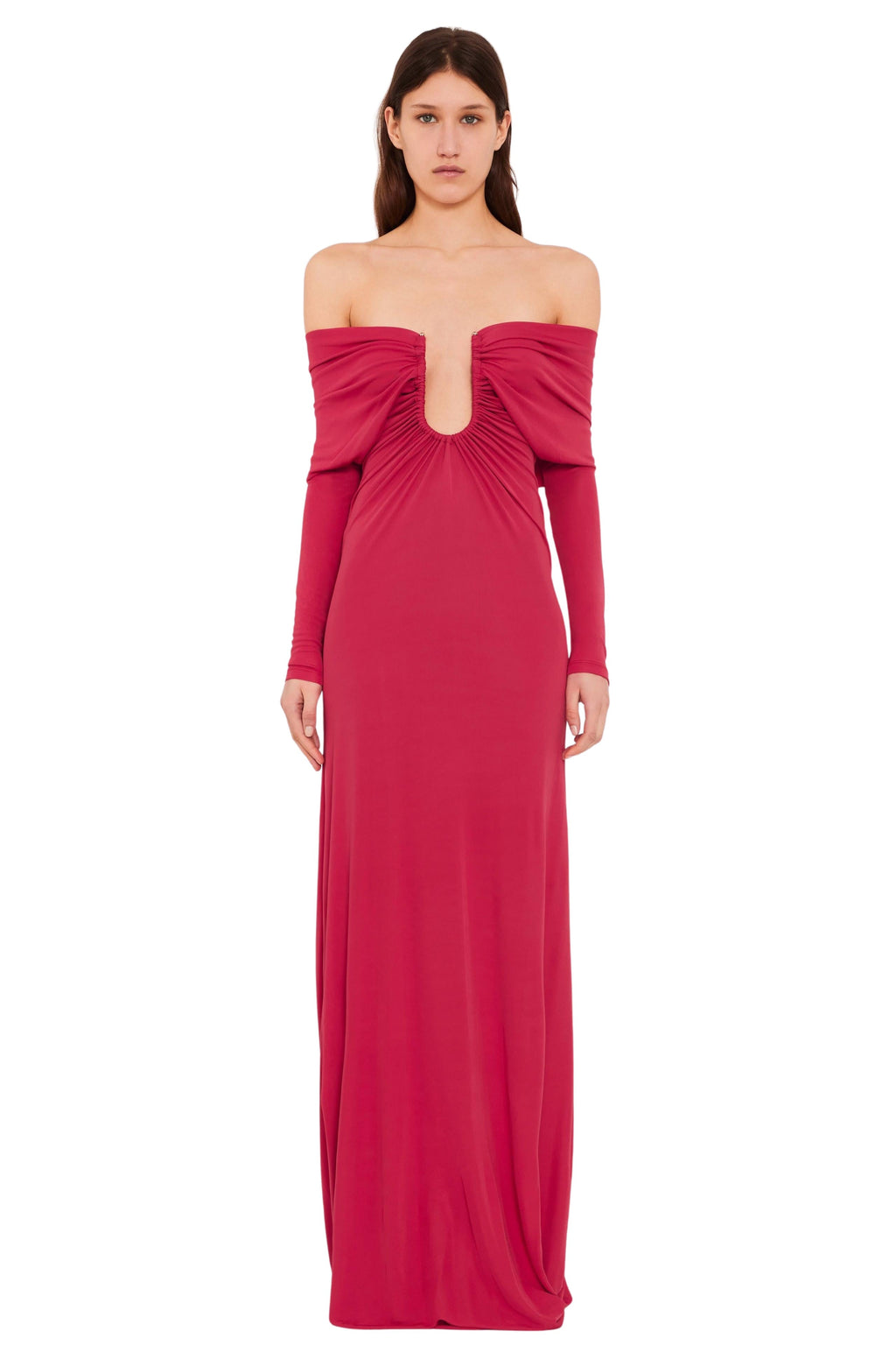 Arced Palm Strapless Shawl Gown