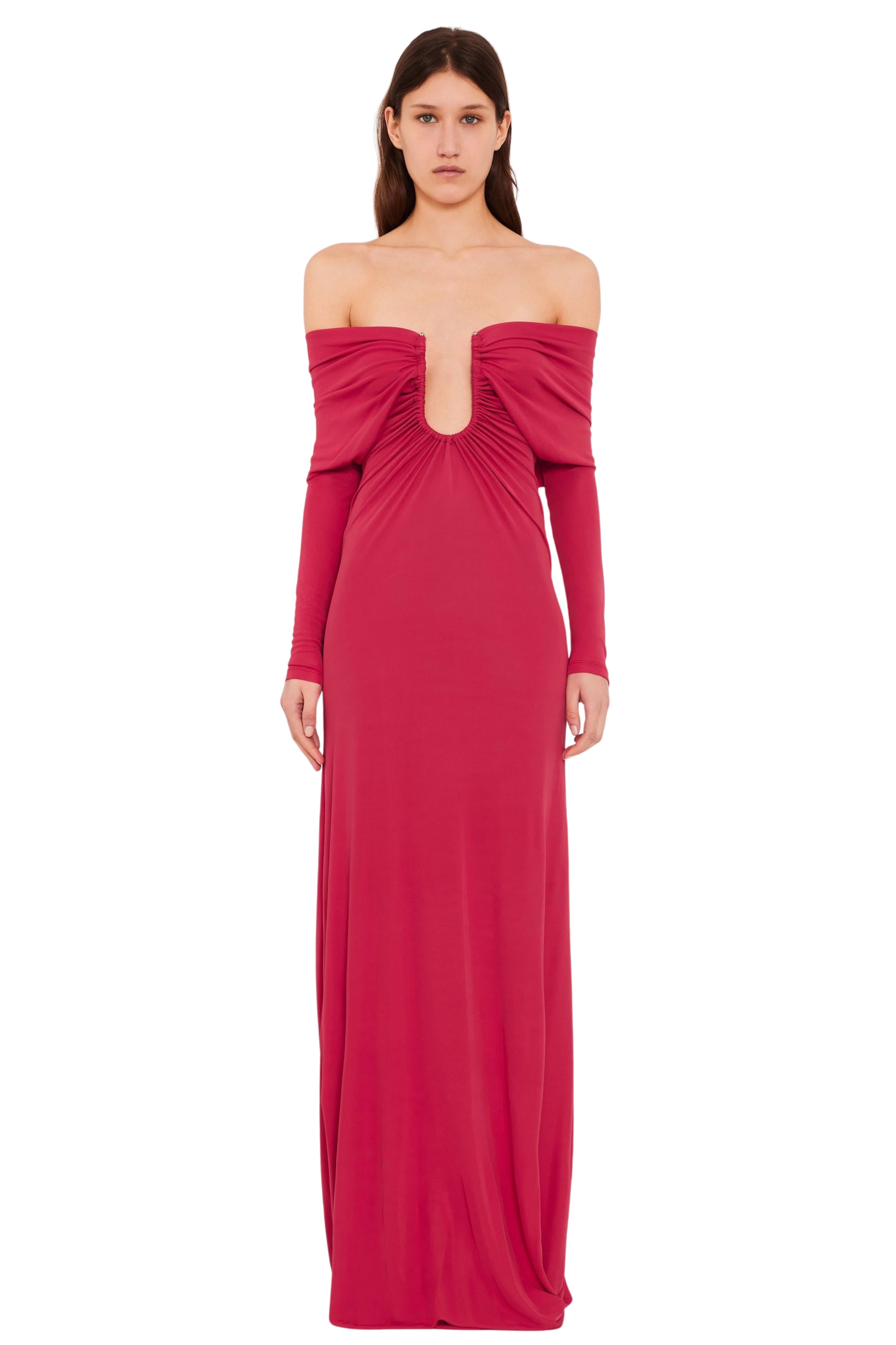 Arced Palm Strapless Shawl Gown