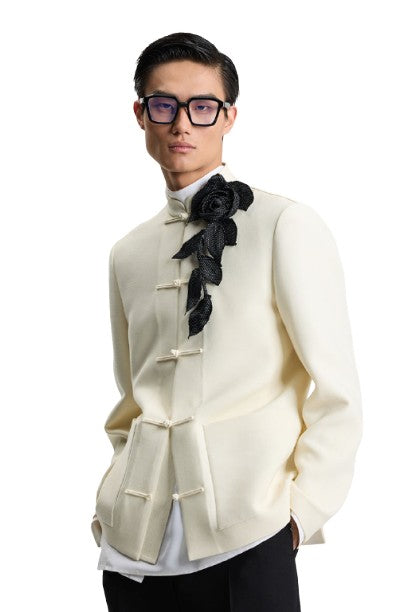 Black SIlk Polka Dot Flower Brooch