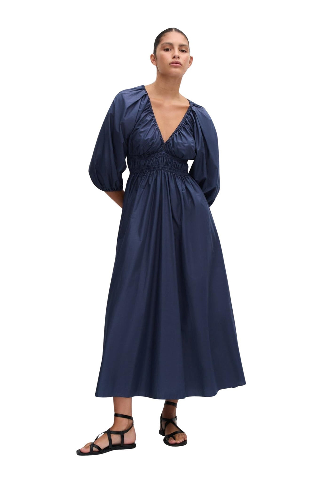 Shirred Plunge Button Dress