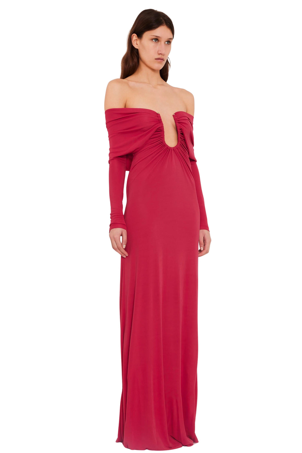 Arced Palm Strapless Shawl Gown